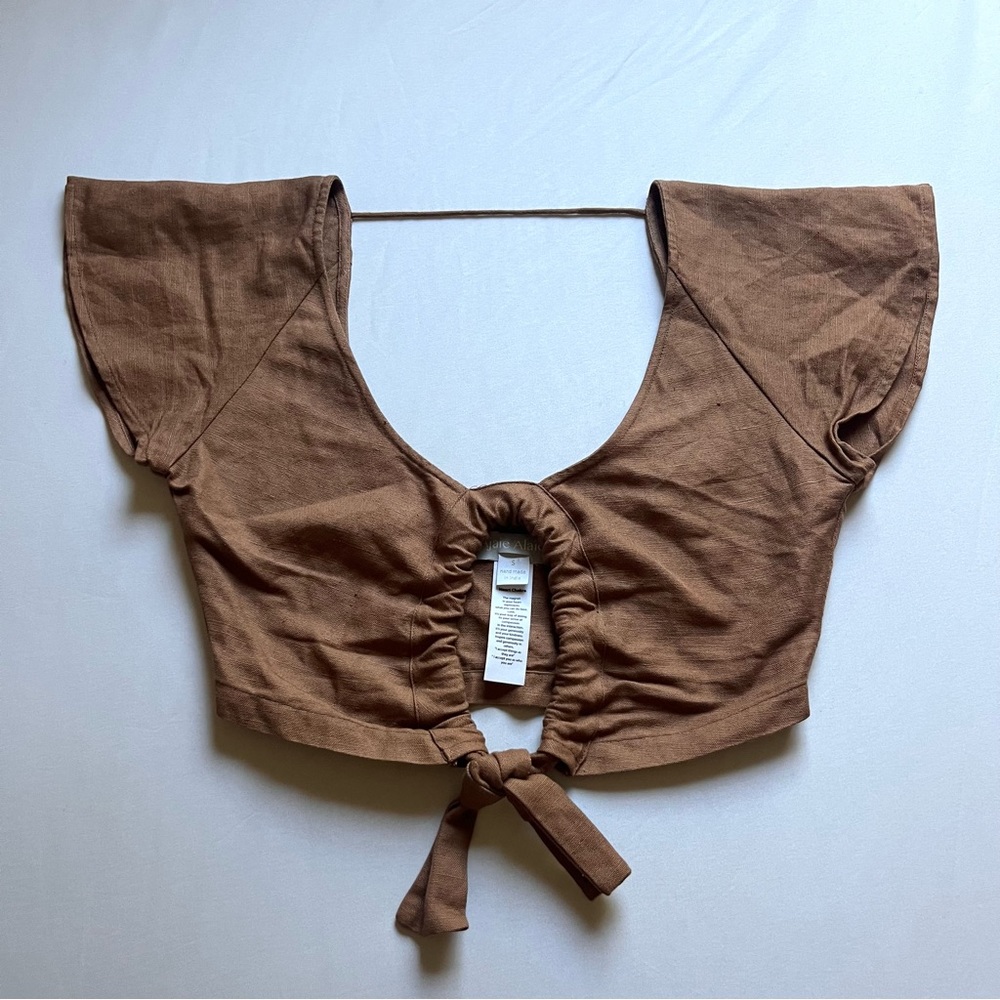 AJAIE ALAIE‎ brown linen viscose cutout tie front cropped short sleeve blouse